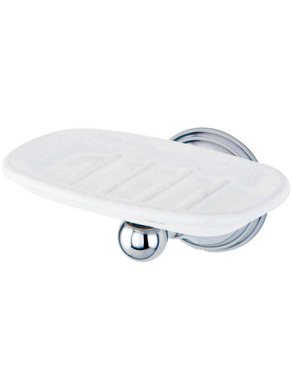 Bar Harbor Wall-Mount Soap Holder with Porcelain Dish in Polished Chrome.